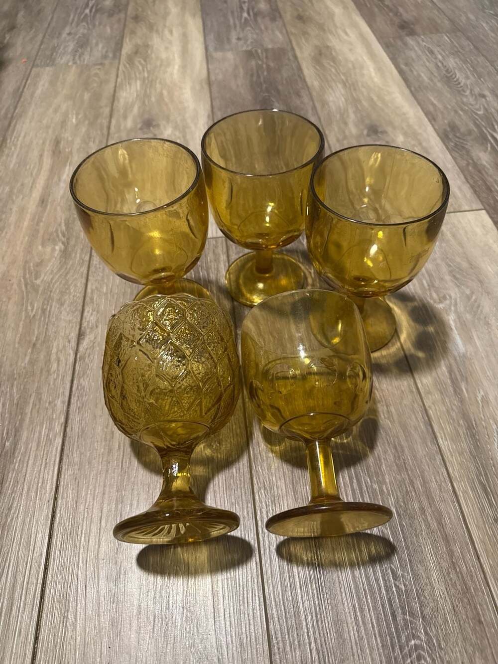 Vintage MCM Amber Glass Goblets Set, Star and Thumbprint Pattern Barware